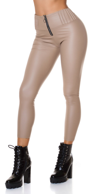 faux leather thermal leggings with zip Brown